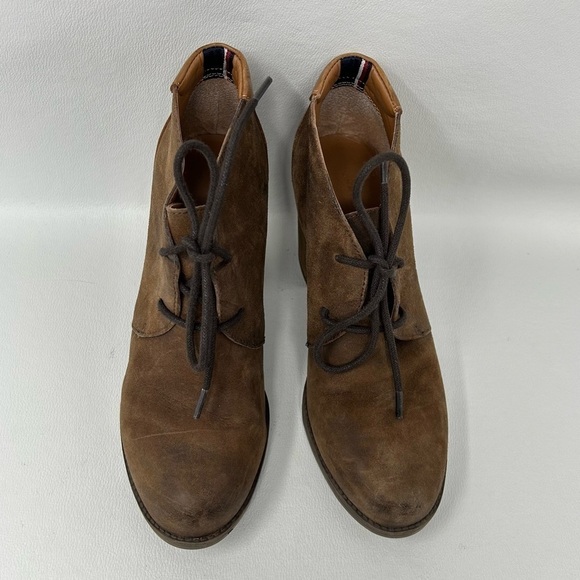 Tommy Hilfiger Women’s Brown Leather Ankle Boots Booties 8 Chunky Heel Lace Up - Picture 5 of 13